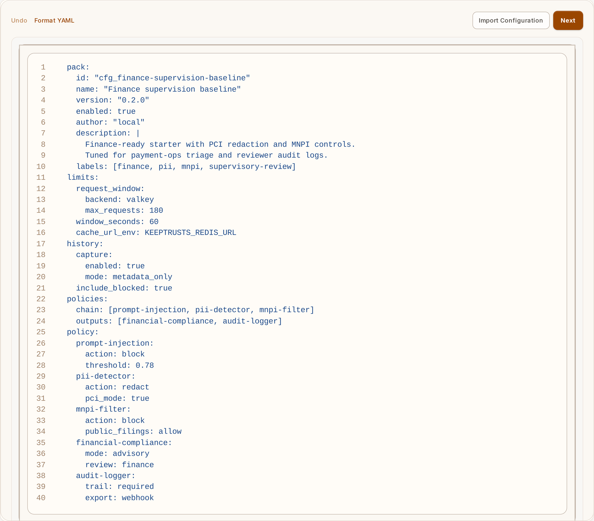 Keeptrusts configuration editor showing the Finance template with PCI redaction, MNPI controls, and audit guardrails.